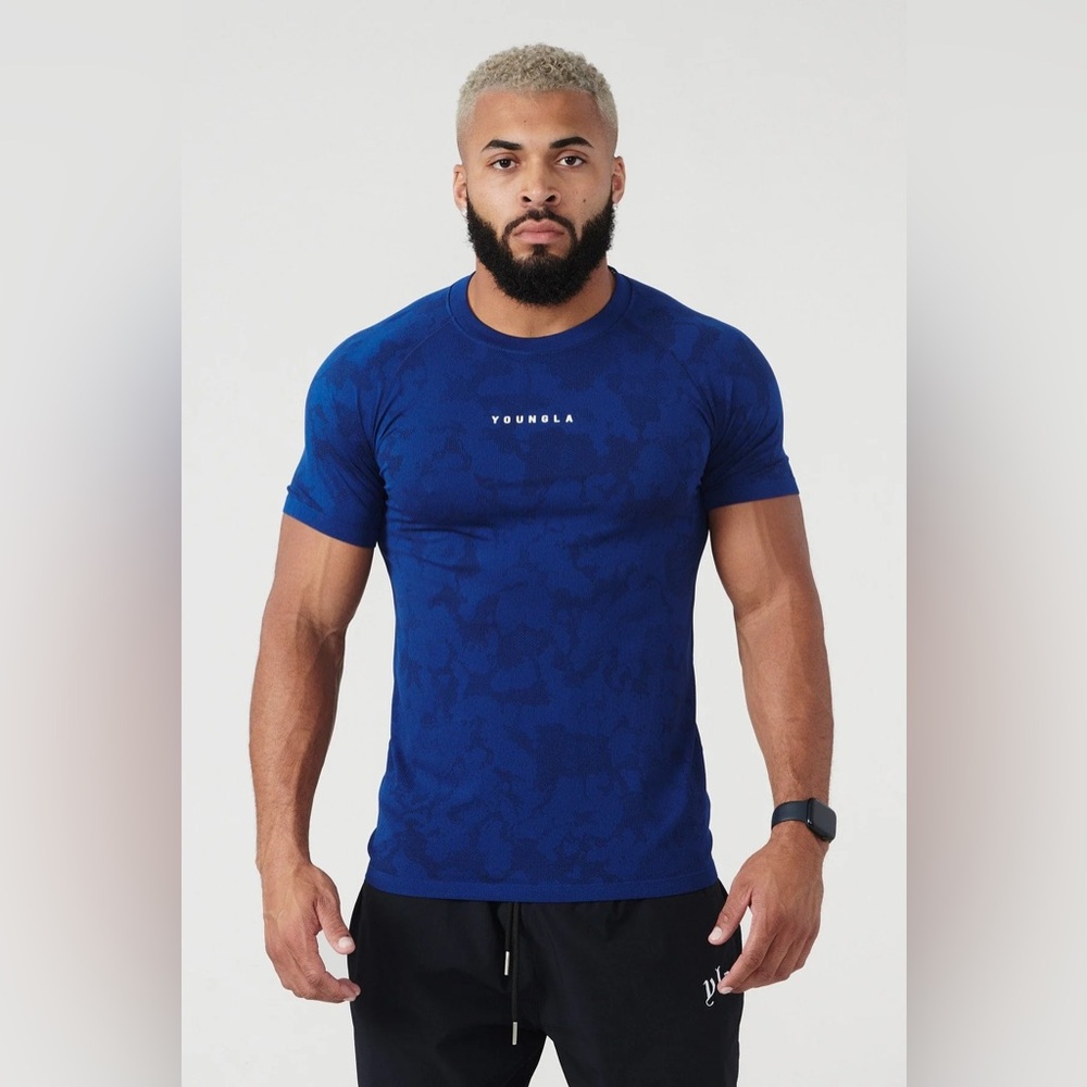 Mens YoungLA 437 Digital Pattern Compression Tee T-Shirt - Royal Blue Size Large